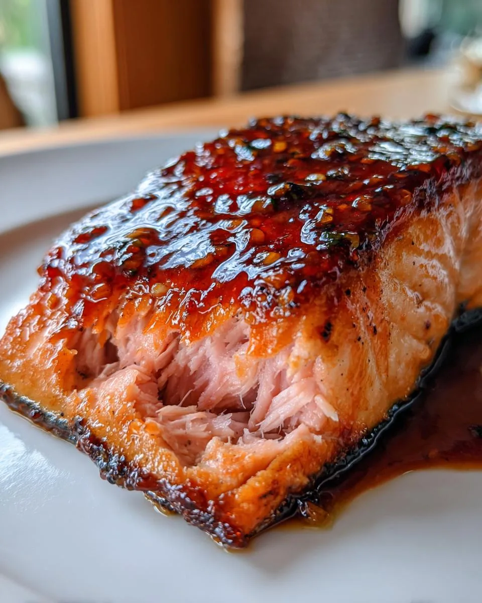 Close-up of a perfectly cooked Maple Glazed Salmon fillet, showing its flaky texture and glistening glaze.