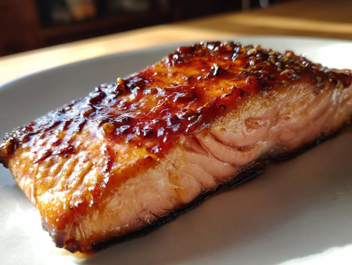 A close-up of a succulent maple glazed salmon fillet, glistening with a rich, dark glaze and topped with seeds.
