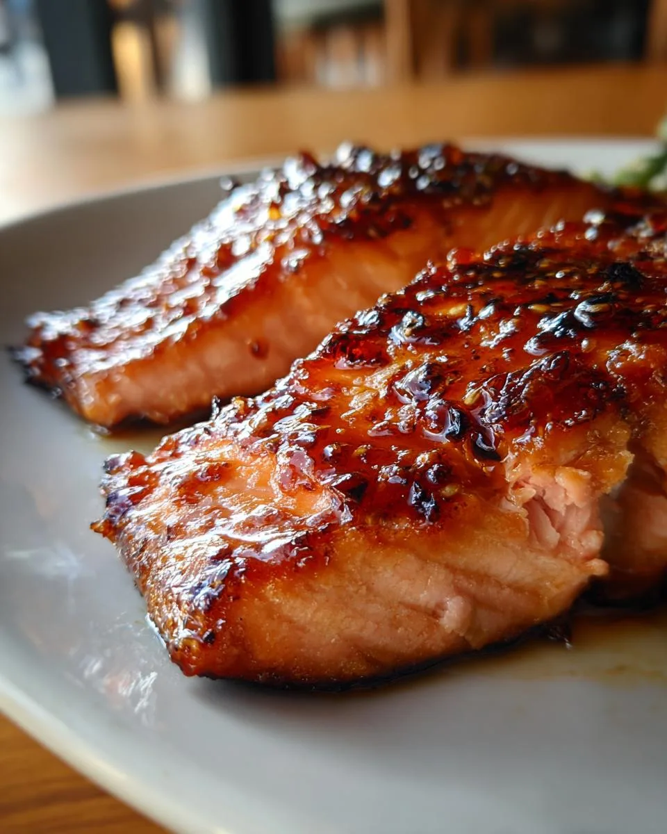 Close-up of two perfectly cooked Maple Glazed Salmon fillets on a plate, glistening with a rich, amber glaze.