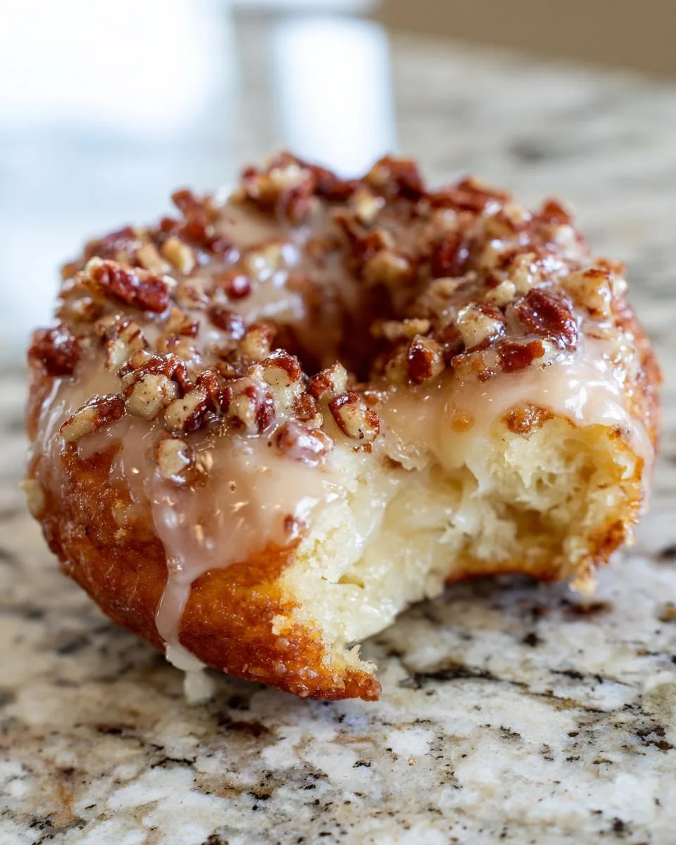 Close-up of a delicious maple pecan donut with a bite taken out, showing the fluffy interior and maple glaze with chopped pecans.