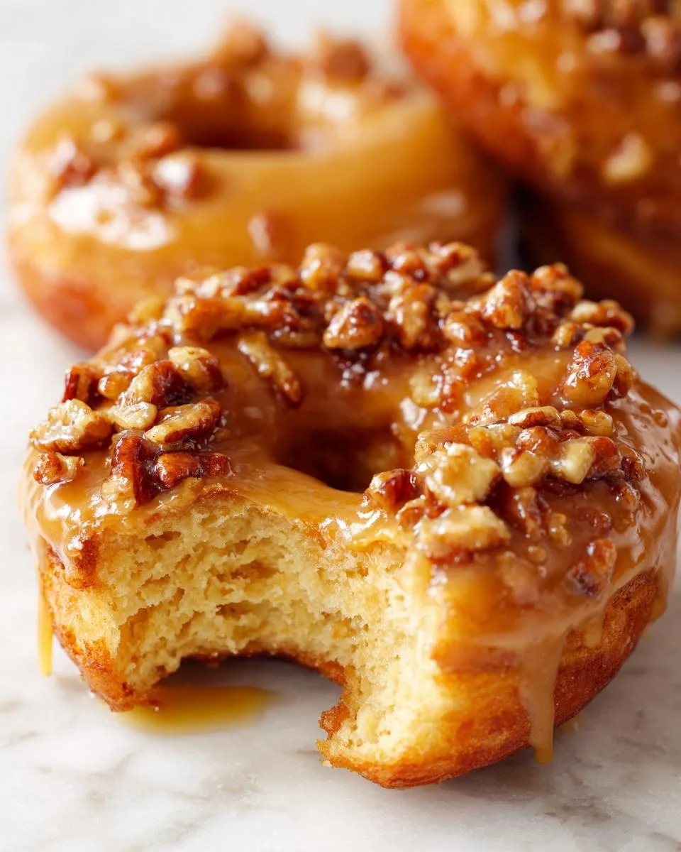 Close-up of a maple pecan donut with a bite taken out, showing the fluffy interior and caramel glaze.