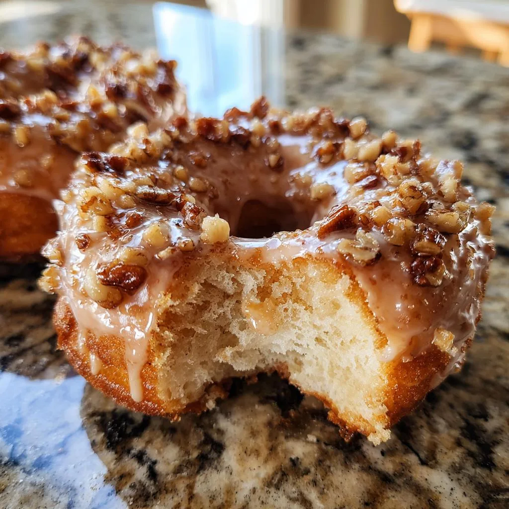 A close-up of a delicious maple pecan donut with a bite taken out, showing the fluffy interior and crunchy pecan topping.