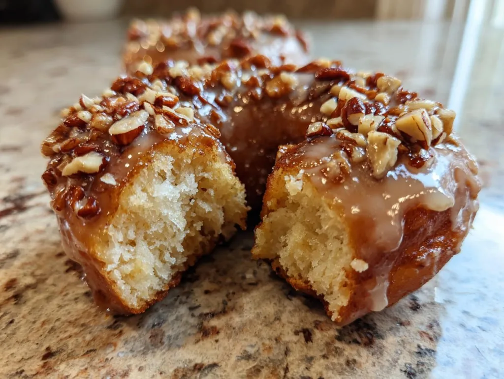 Close-up of a maple pecan donut, broken in half, showing a fluffy interior and drizzled glaze with chopped pecans.