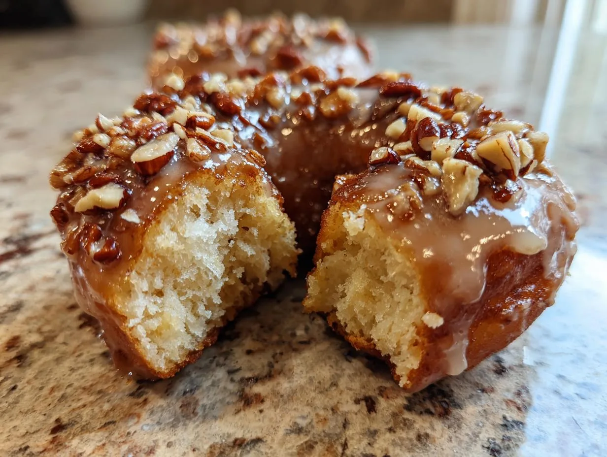 Close-up of a maple pecan donut, broken in half, showing a fluffy interior and drizzled glaze with chopped pecans.