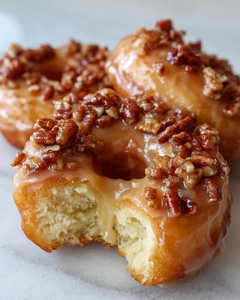 Close-up of three delicious maple pecan donuts, one with a bite taken out, showing the fluffy interior and sticky glaze.