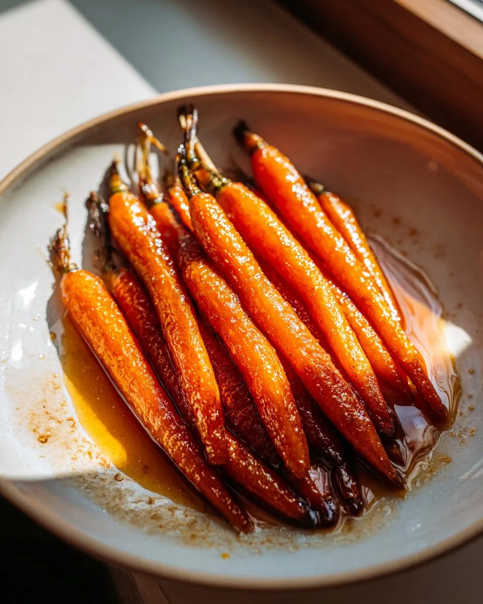 Close-up of glistening maple roasted carrots in a bowl, showcasing their caramelized glaze.