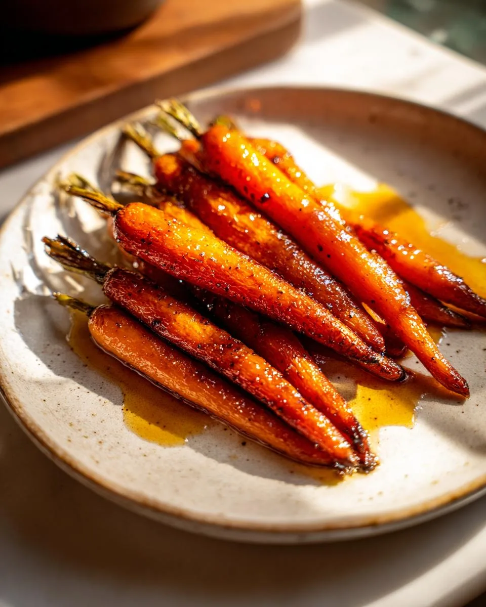 A close-up of tender maple roasted carrots glistening with glaze on a textured plate.