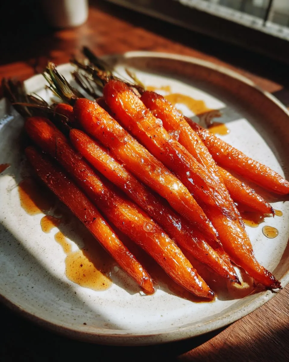 A close-up shot of glistening maple roasted carrots on a rustic plate, drizzled with maple syrup.