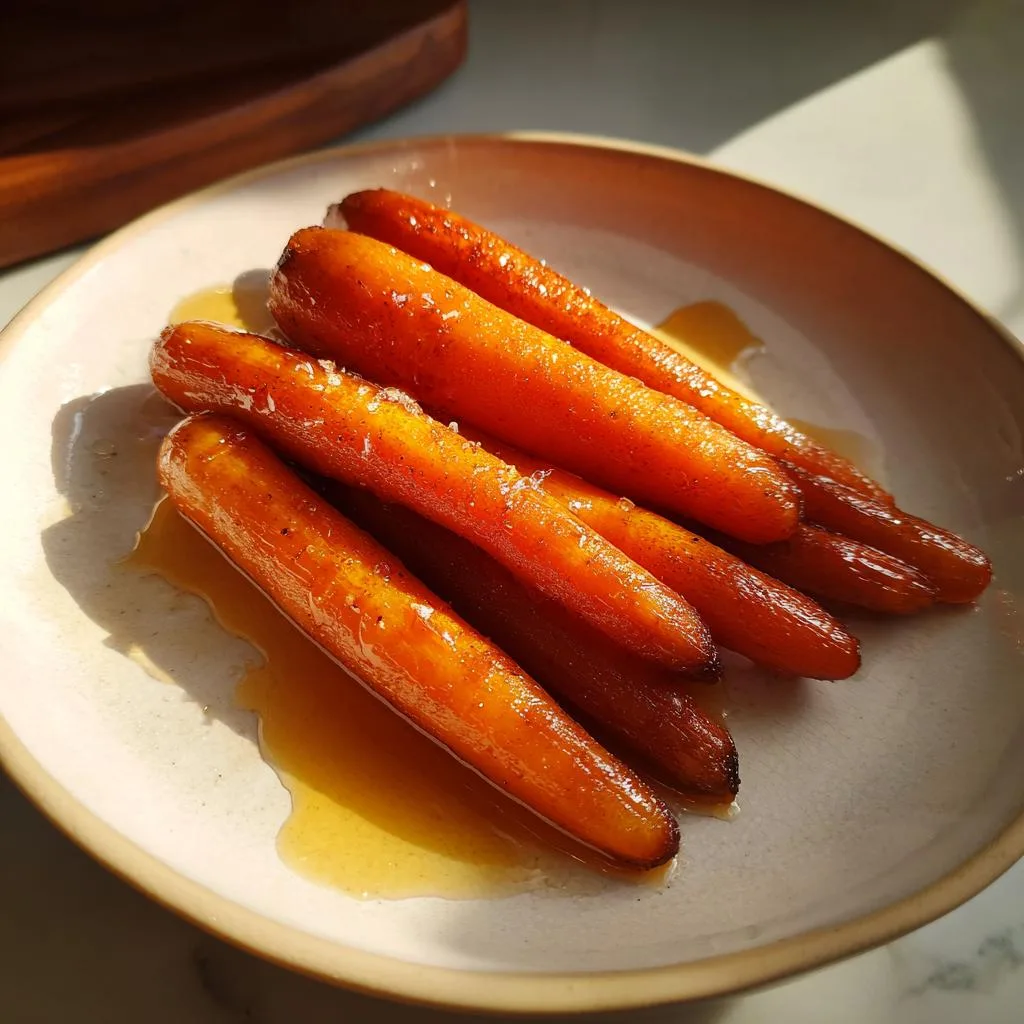 A close-up of tender maple roasted carrots glistening with syrup on a white plate.