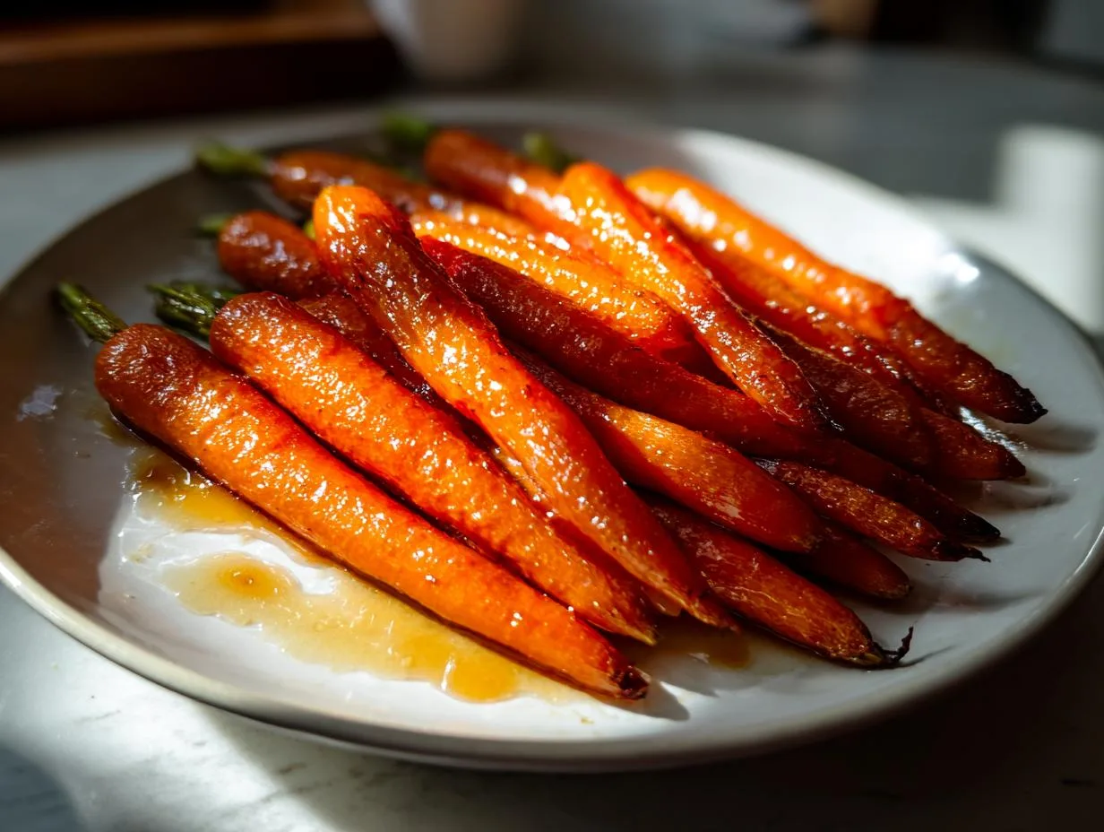 A close-up of a plate filled with glistening maple roasted carrots, showcasing their caramelized glaze and vibrant orange color.
