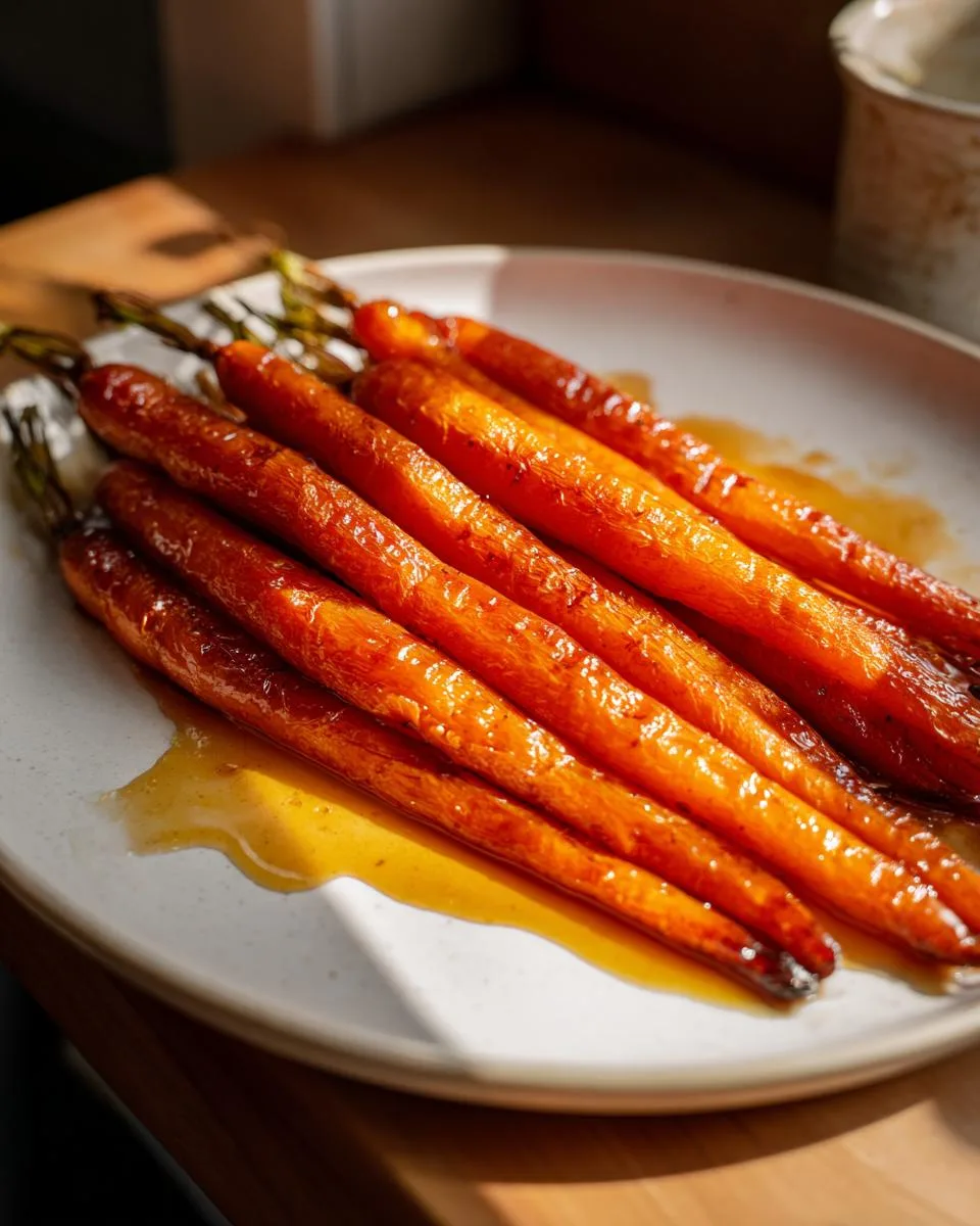 A close-up of glossy, tender maple roasted carrots on a white plate, glistening with maple syrup.