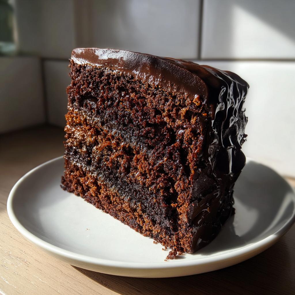 A decadent slice of moist chocolate cake with rich chocolate frosting, ready to be enjoyed.