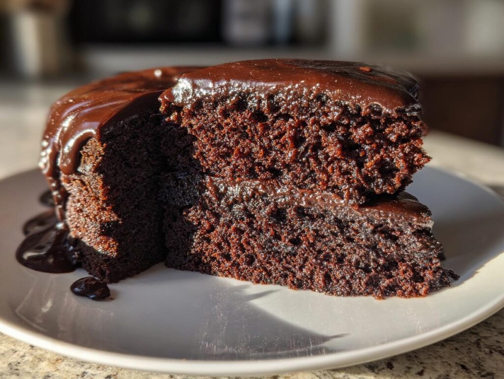 A close-up of a slice of moist chocolate cake topped with rich chocolate glaze.