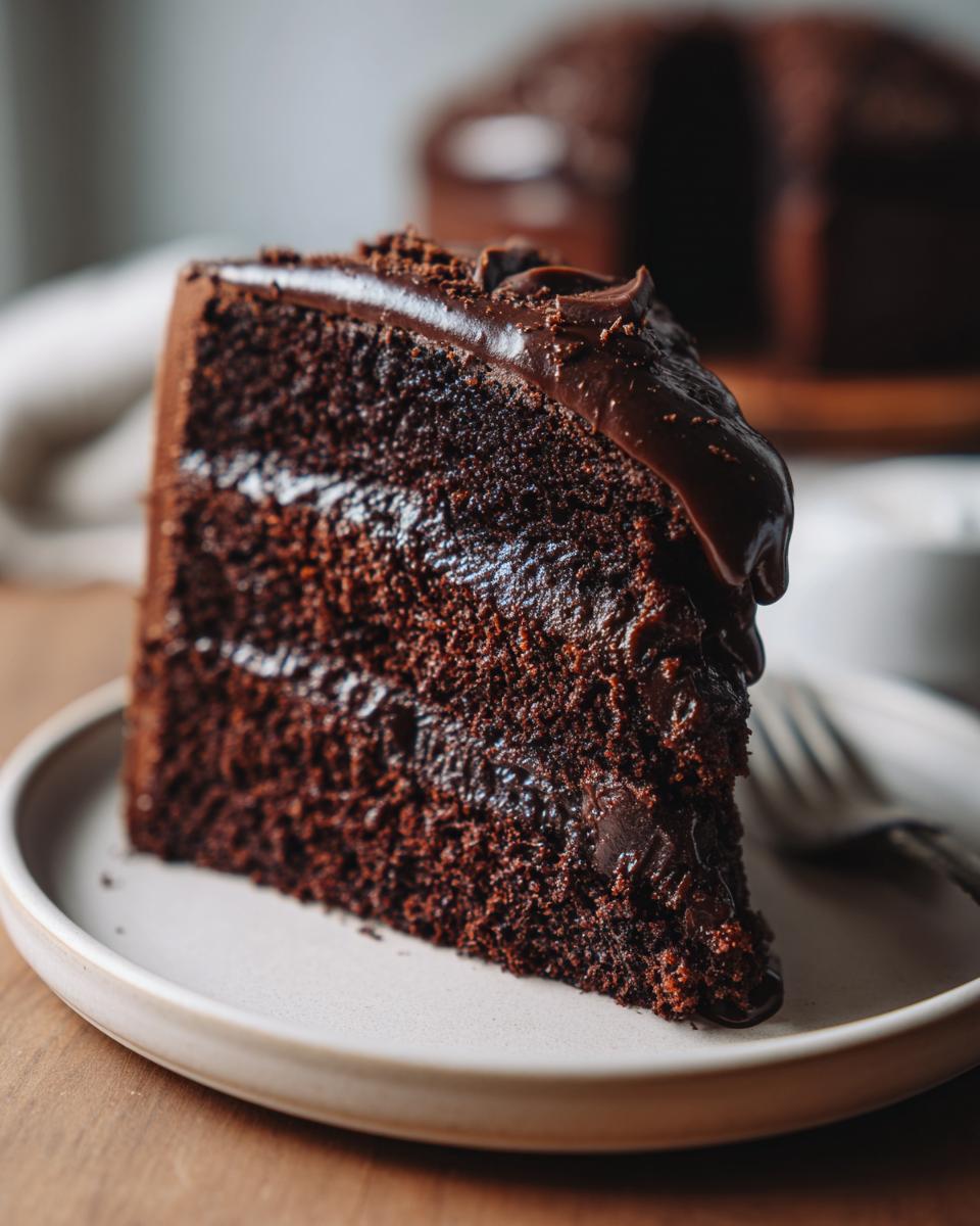 A decadent slice of moist chocolate cake with rich chocolate frosting and layers.