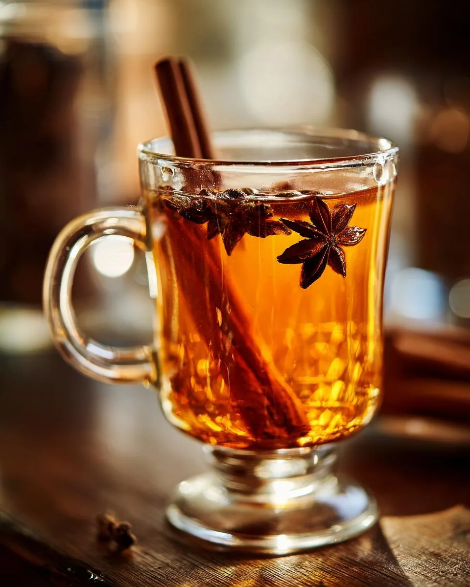 A warm glass of mulled cider recipe with a cinnamon stick and star anise, perfect for a cozy day.