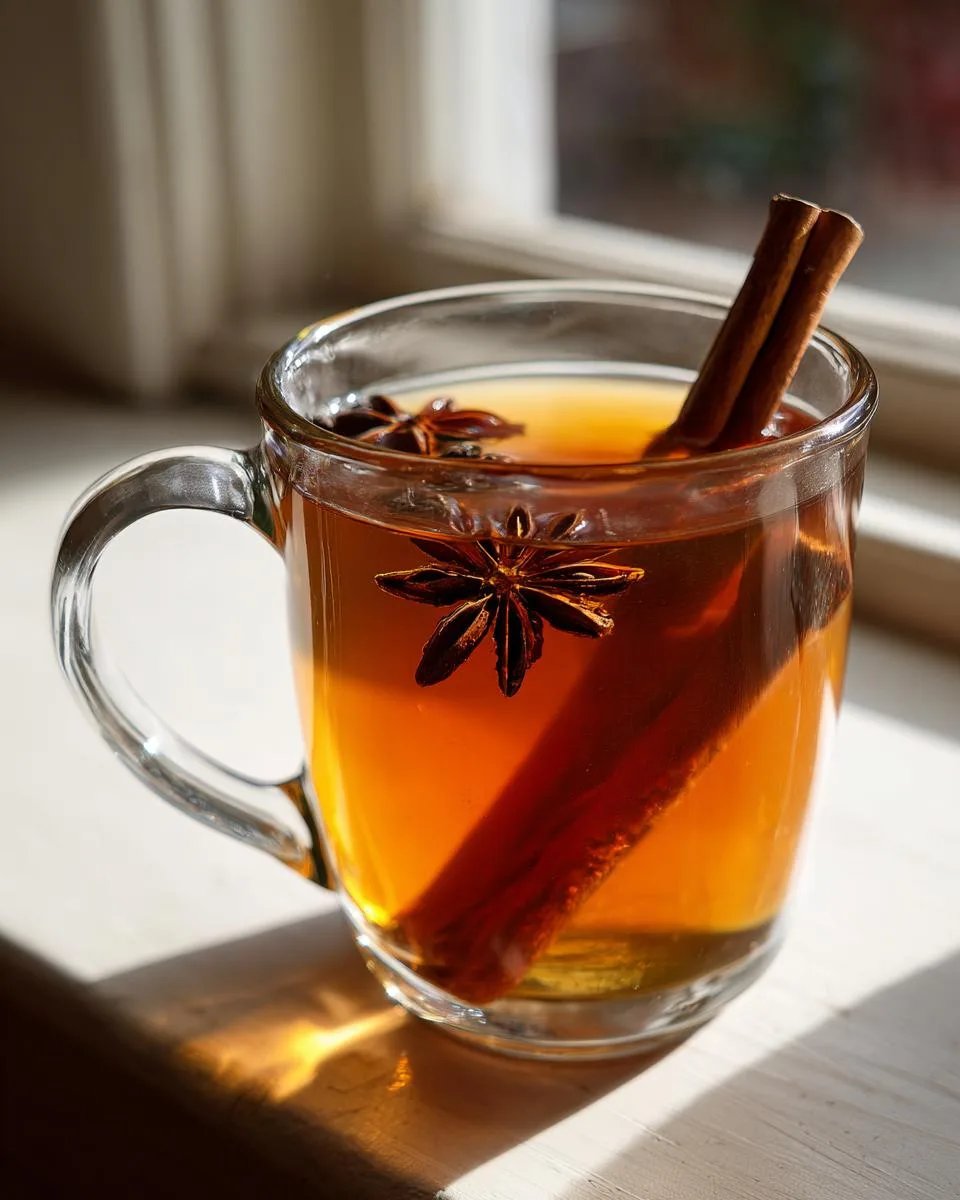 A clear mug filled with warm mulled cider, garnished with a cinnamon stick and star anise, perfect for a cozy recipe.