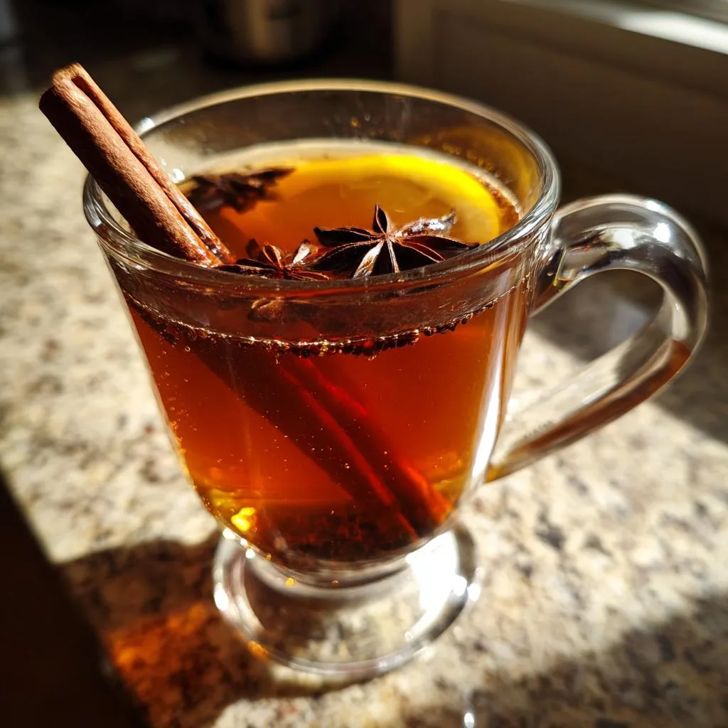 A clear glass mug filled with warm mulled cider, garnished with a cinnamon stick, star anise, and an orange slice.