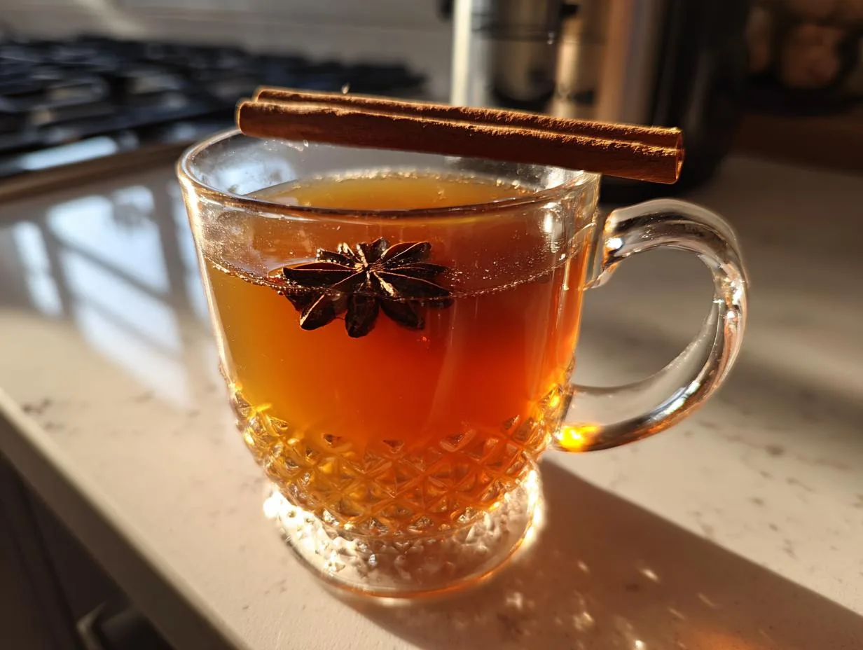 A warm glass of mulled cider recipe, garnished with star anise and cinnamon sticks, perfect for a cozy day.
