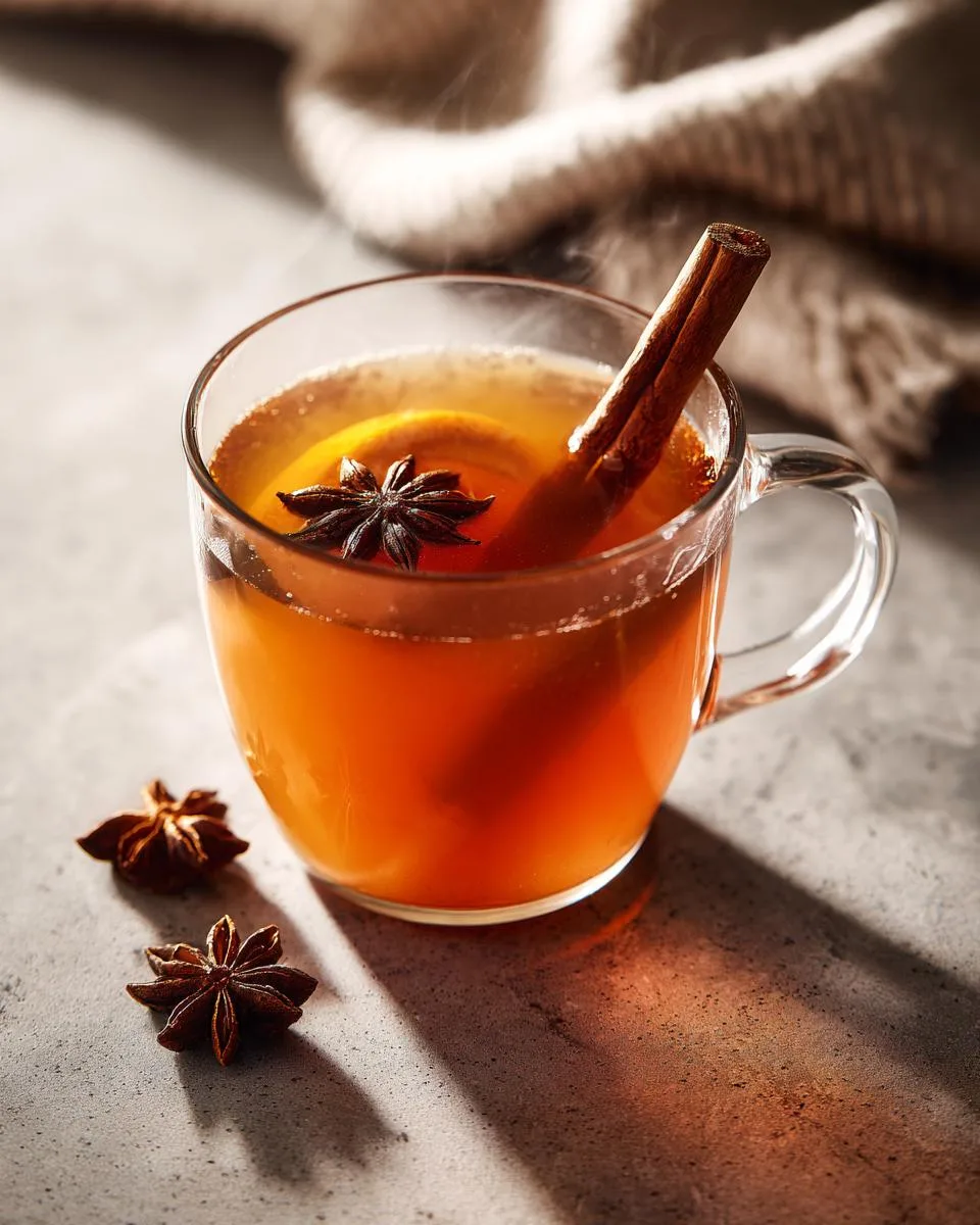 A steaming mug of mulled cider recipe, garnished with an orange slice, star anise, and cinnamon stick.