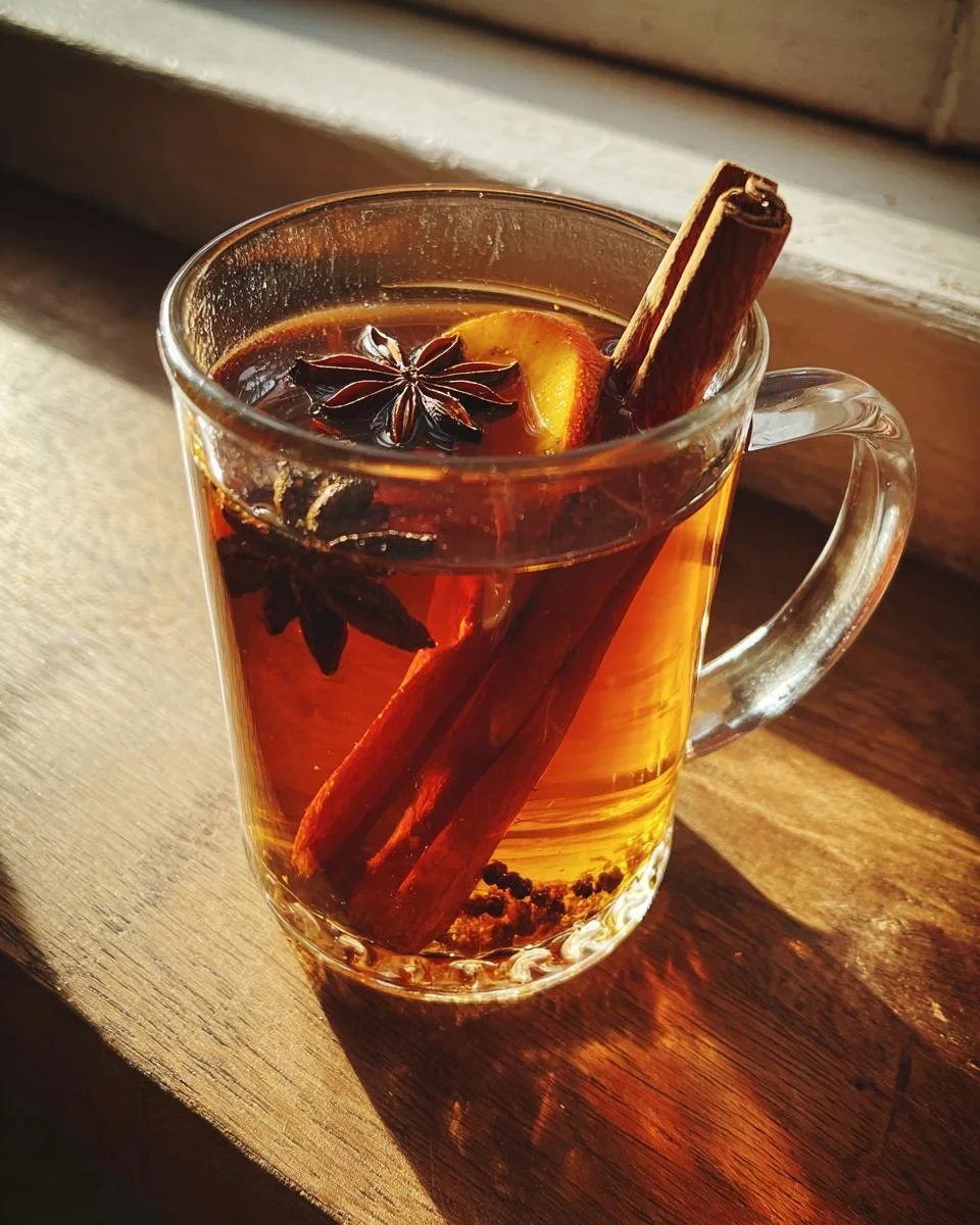 A steaming mug of mulled cider recipe, infused with cinnamon sticks, star anise, and orange slices.