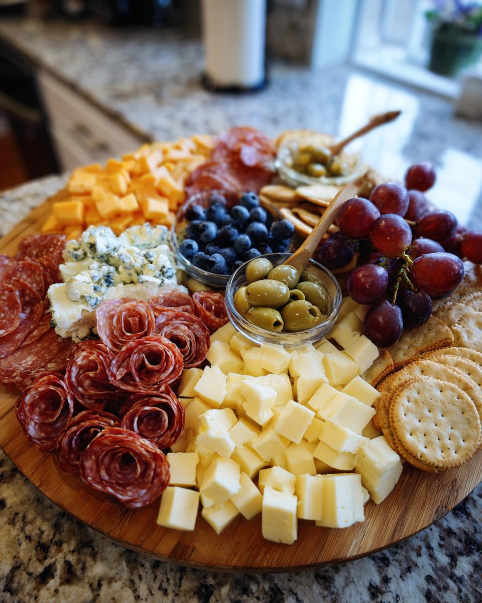 A festive New Years charcuterie board overflowing with assorted cheeses, salami roses, blueberries, olives, grapes, and crackers.