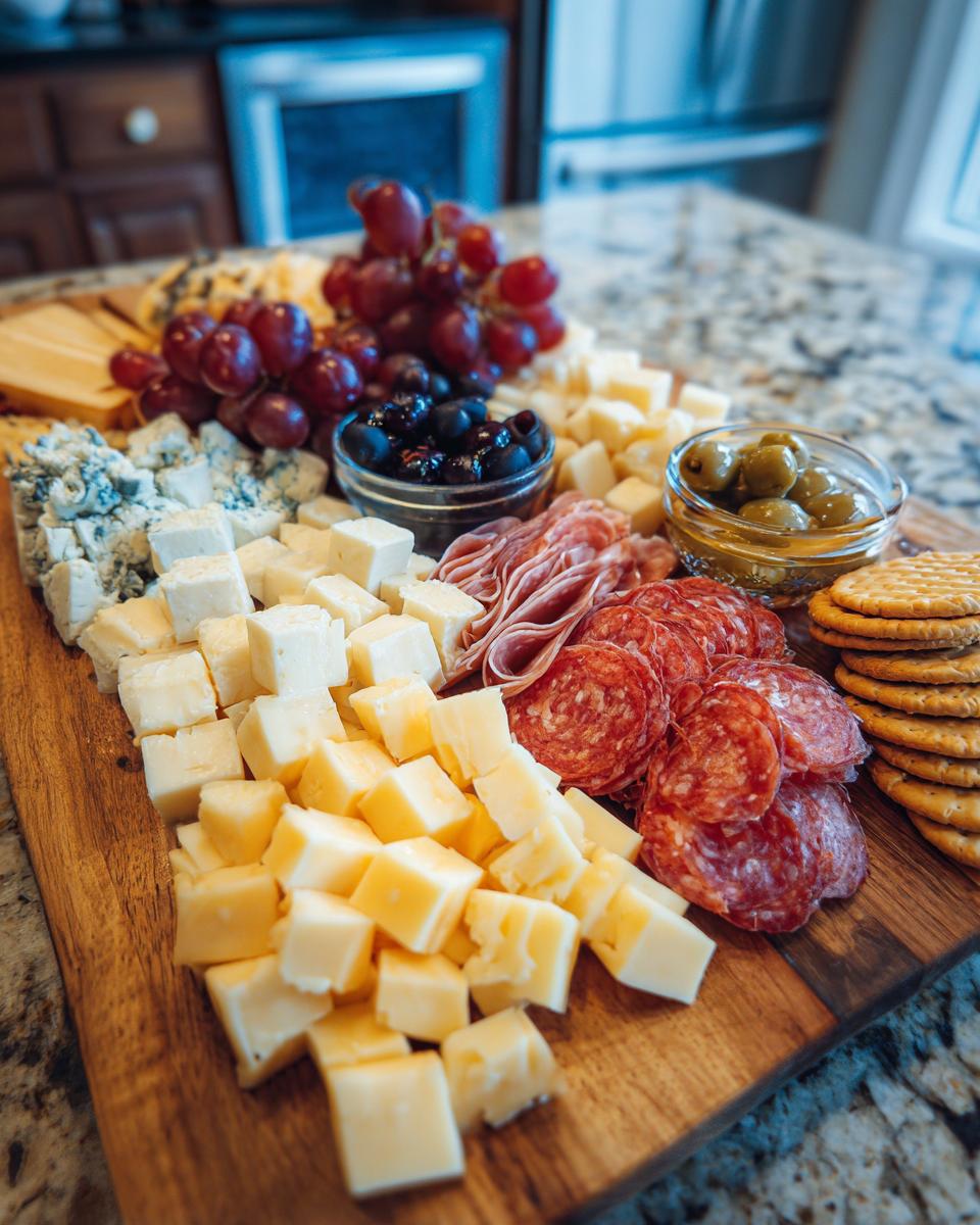 A festive New Years charcuterie board overflowing with cubed cheeses, salami, grapes, olives, and crackers.