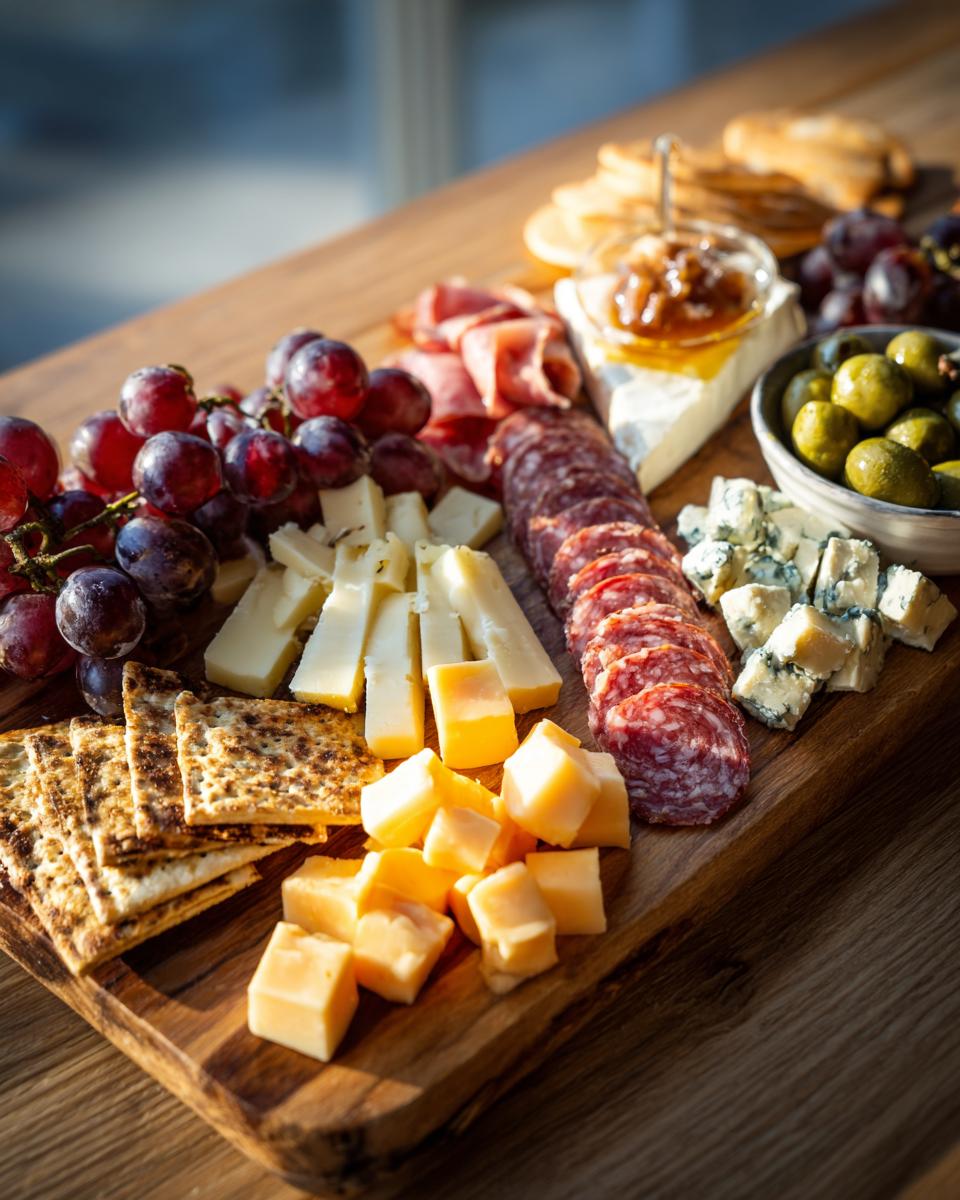 A beautifully arranged New Years charcuterie board featuring various cheeses, cured meats, grapes, olives, and crackers.