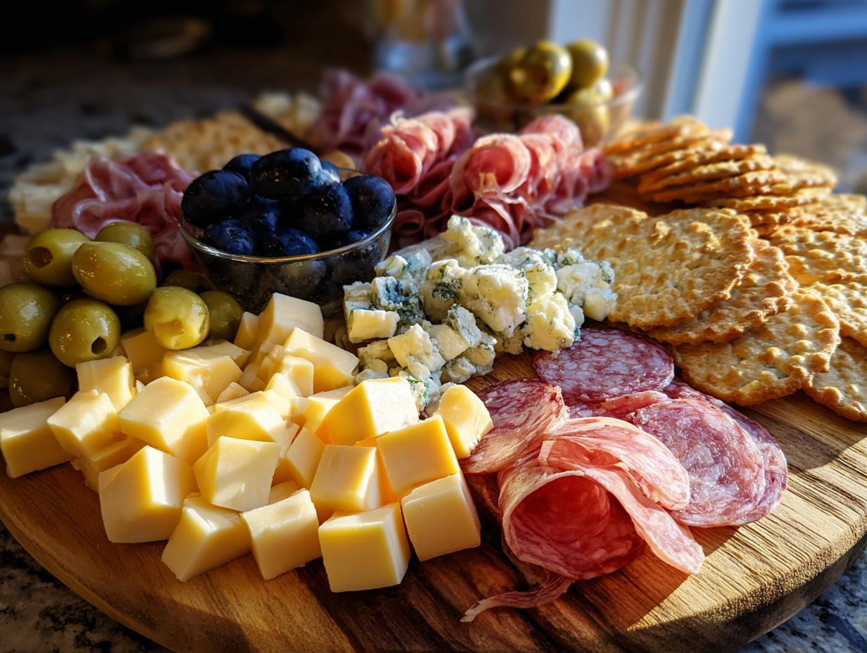 A festive New Years charcuterie board featuring cubed cheeses, cured meats, olives, blueberries, and crackers.