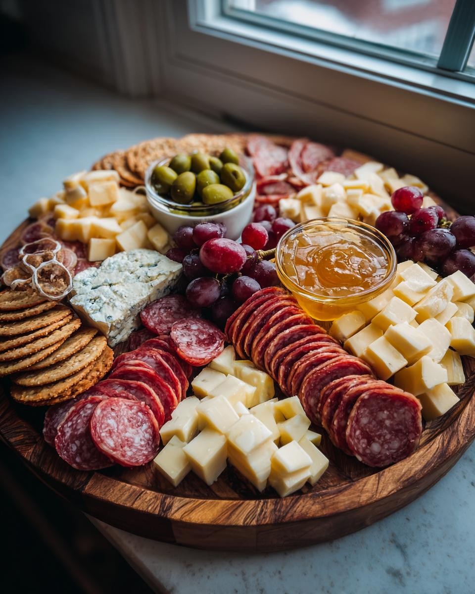 A beautifully arranged new years charcuterie board featuring sliced salami, cubed cheese, grapes, olives, crackers, and honey.