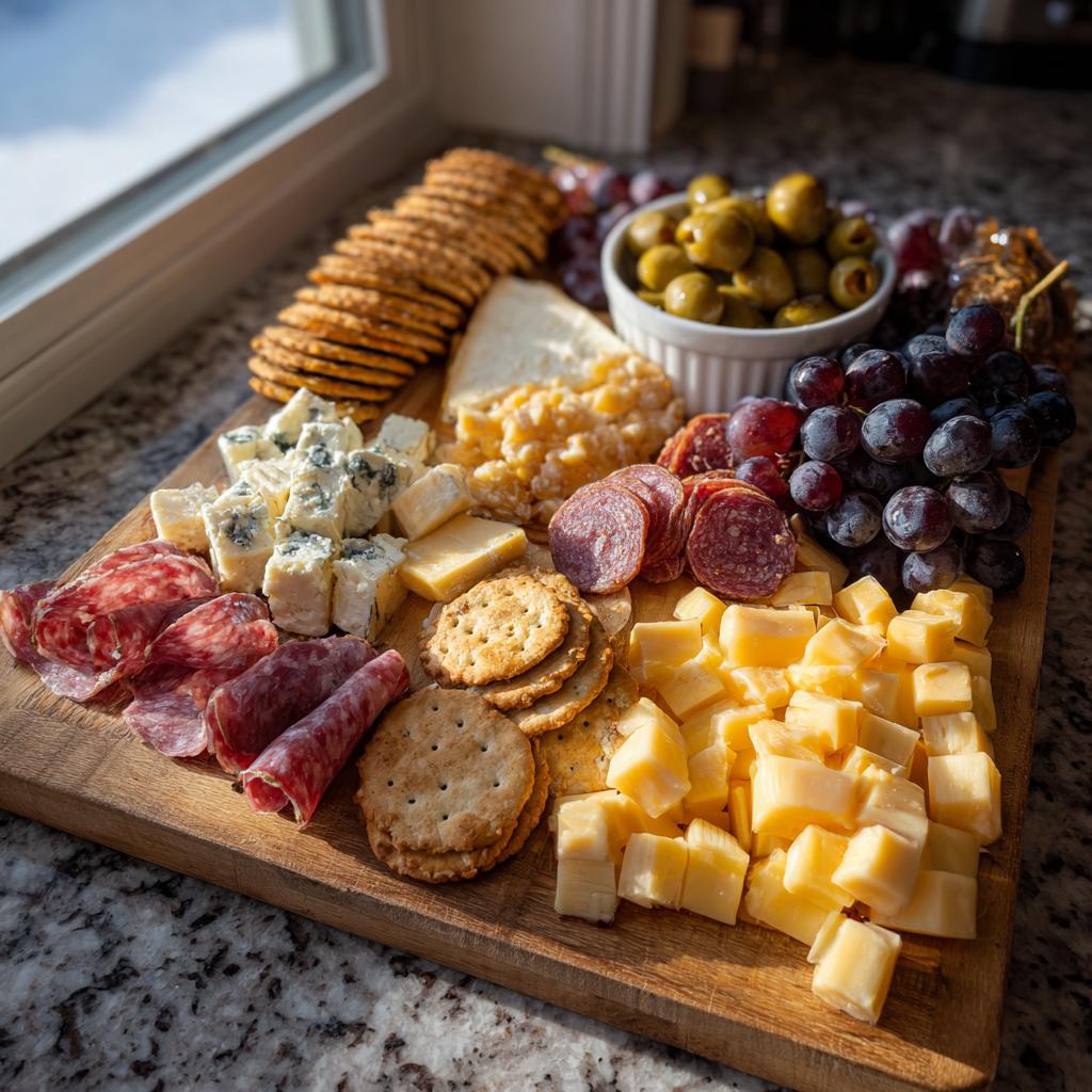 A beautifully arranged New Years charcuterie board featuring an assortment of cheeses, cured meats, crackers, olives, and grapes.