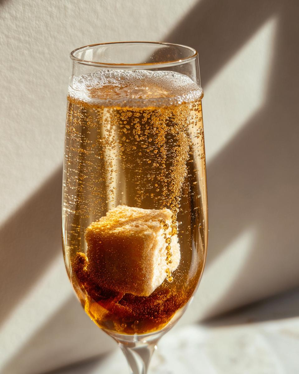 Close-up of a champagne flute with a sugar cube dissolving in a new year's cocktail, creating bubbles.