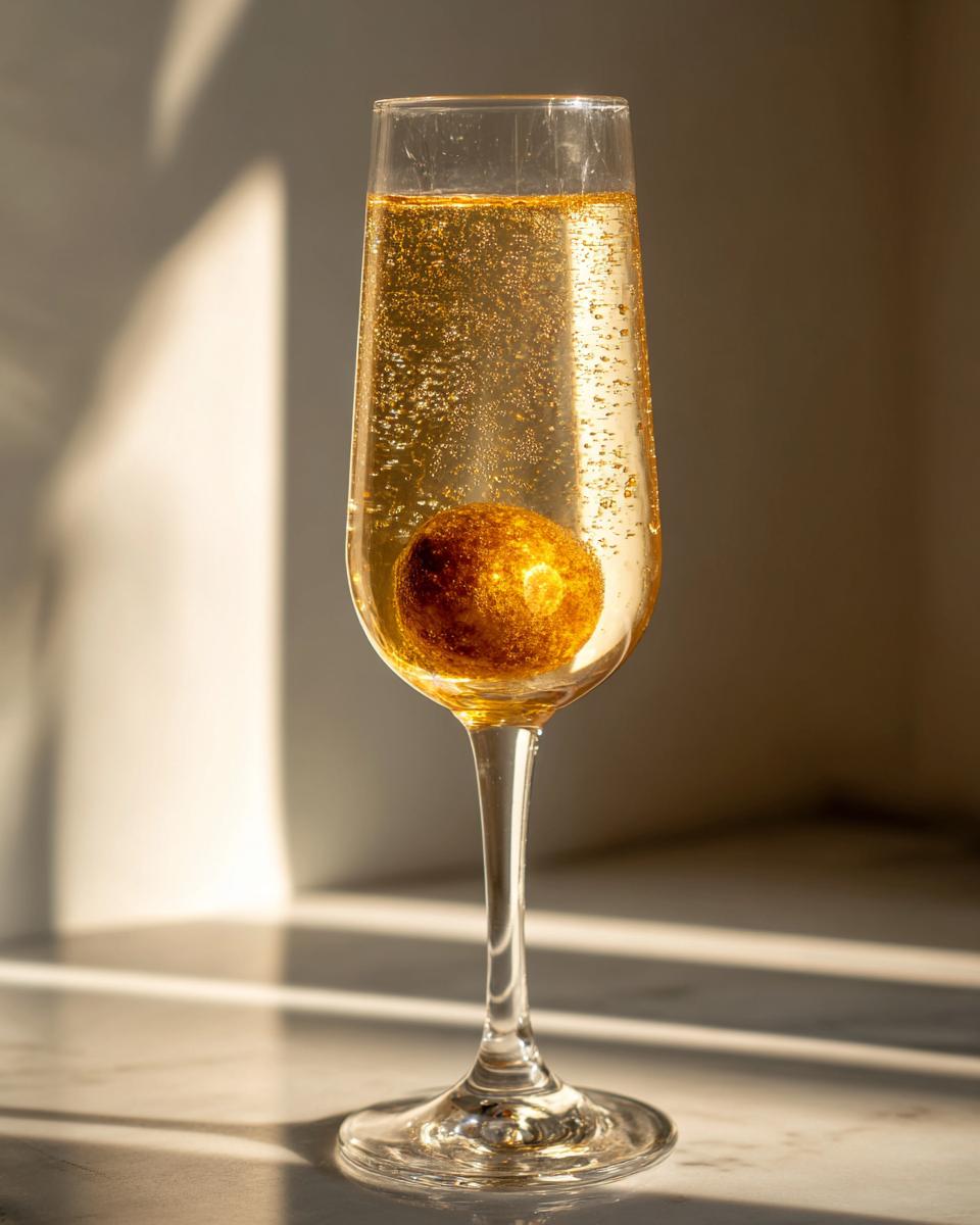 A flute glass filled with a golden new years cocktail, featuring a shimmering edible glitter ball at the bottom.