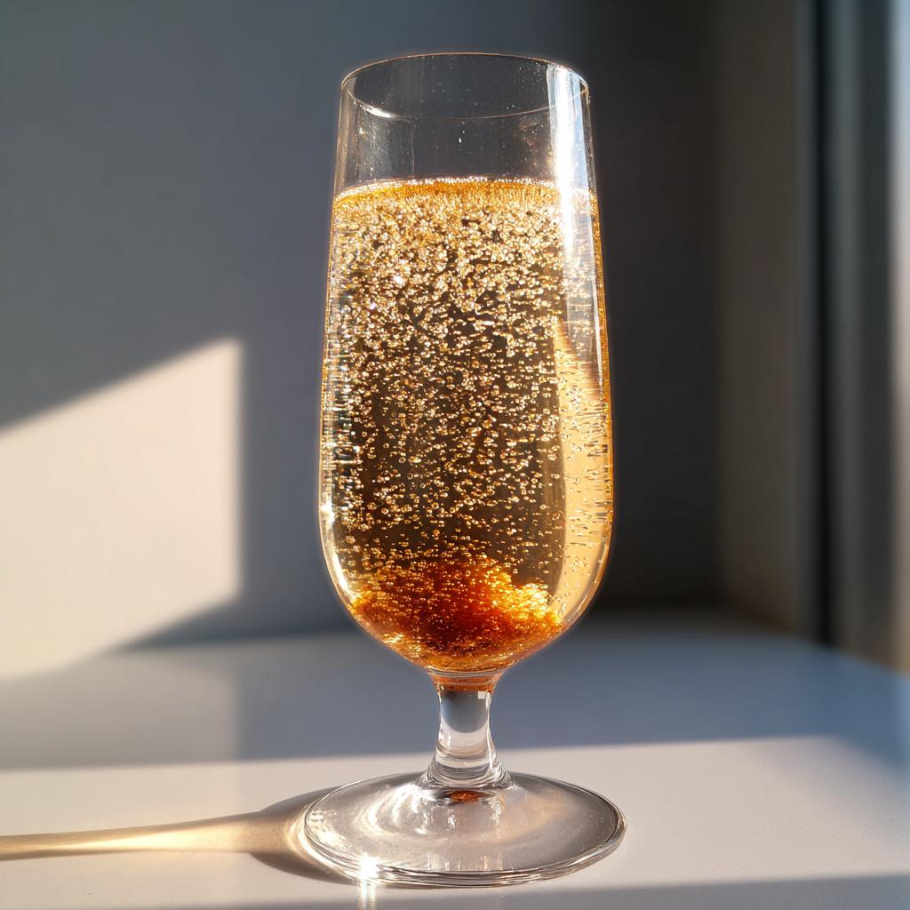 A close-up of a champagne flute filled with a golden, bubbly new years cocktail, catching the sunlight.