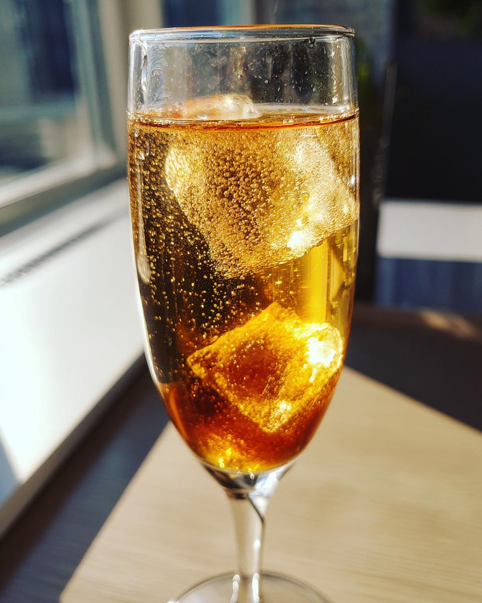 Close-up of a tall glass filled with a golden, bubbly new years cocktail and ice cubes.