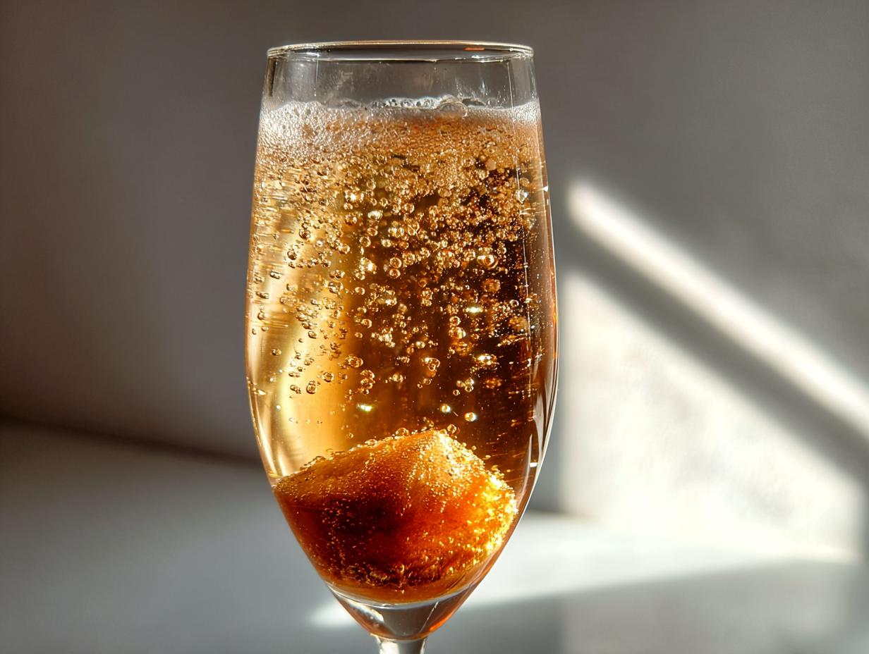A close-up of a champagne flute filled with a sparkling amber-colored new years cocktail, with a sugar cube at the bottom and bubbles rising.