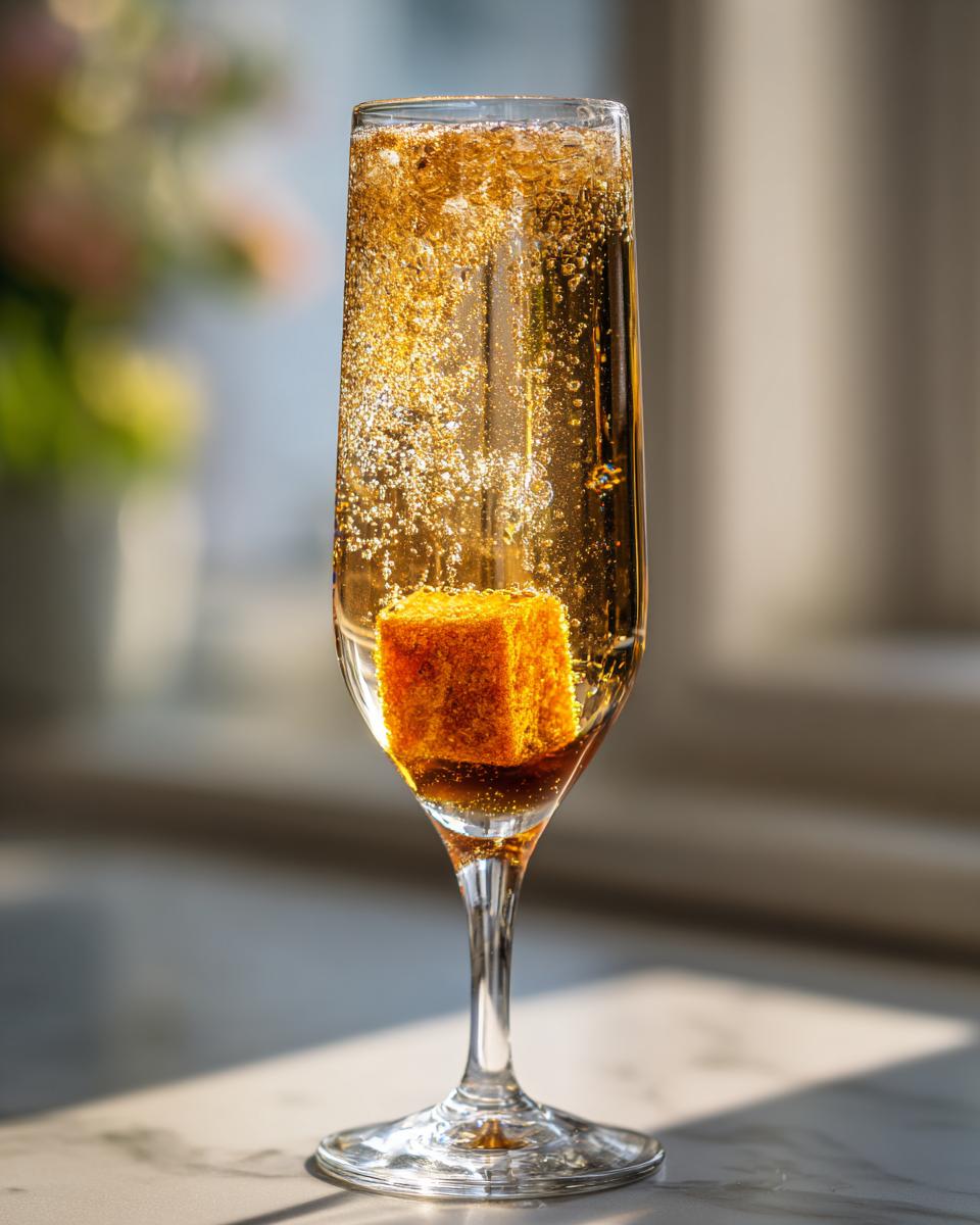 Close-up of a champagne flute with a sugar cube at the bottom, filled with a bubbly, golden new years cocktail.