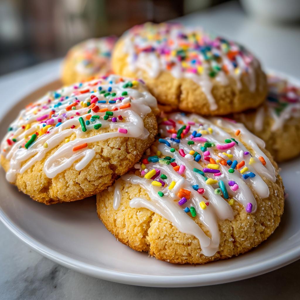 Close-up of delicious New Years cookies topped with white icing and colorful sprinkles on a white plate.