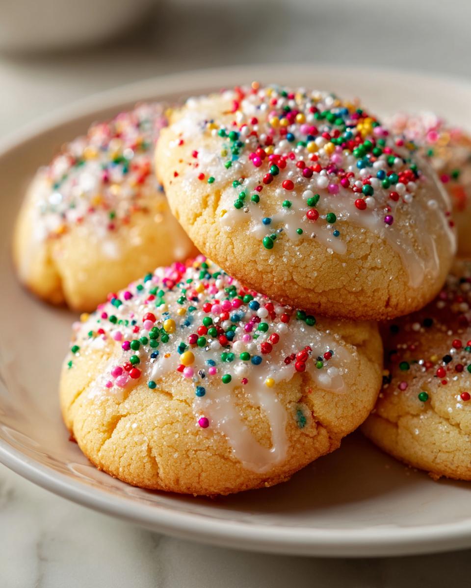 Close-up of delicious new years cookies topped with white icing and colorful sprinkles.