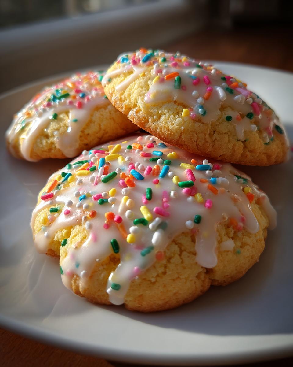 Close-up of three New Years cookies topped with white icing and colorful sprinkles on a white plate.