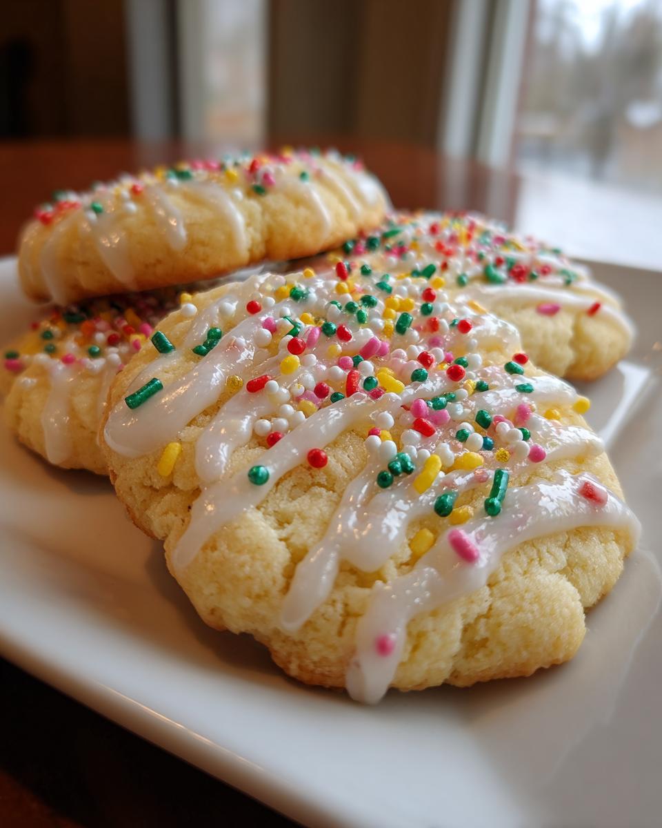 Close-up of three delicious new years cookies topped with white icing and colorful sprinkles.