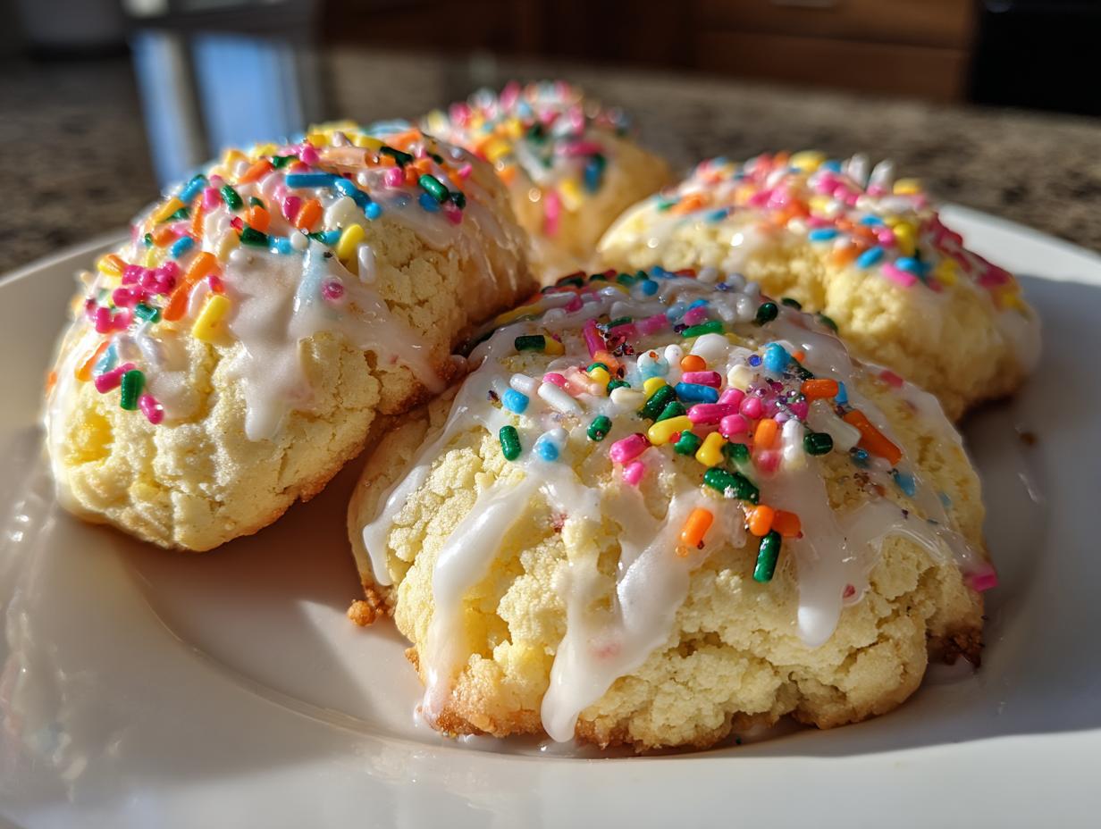 Close-up of four festive new years cookies topped with white icing and colorful sprinkles on a white plate.