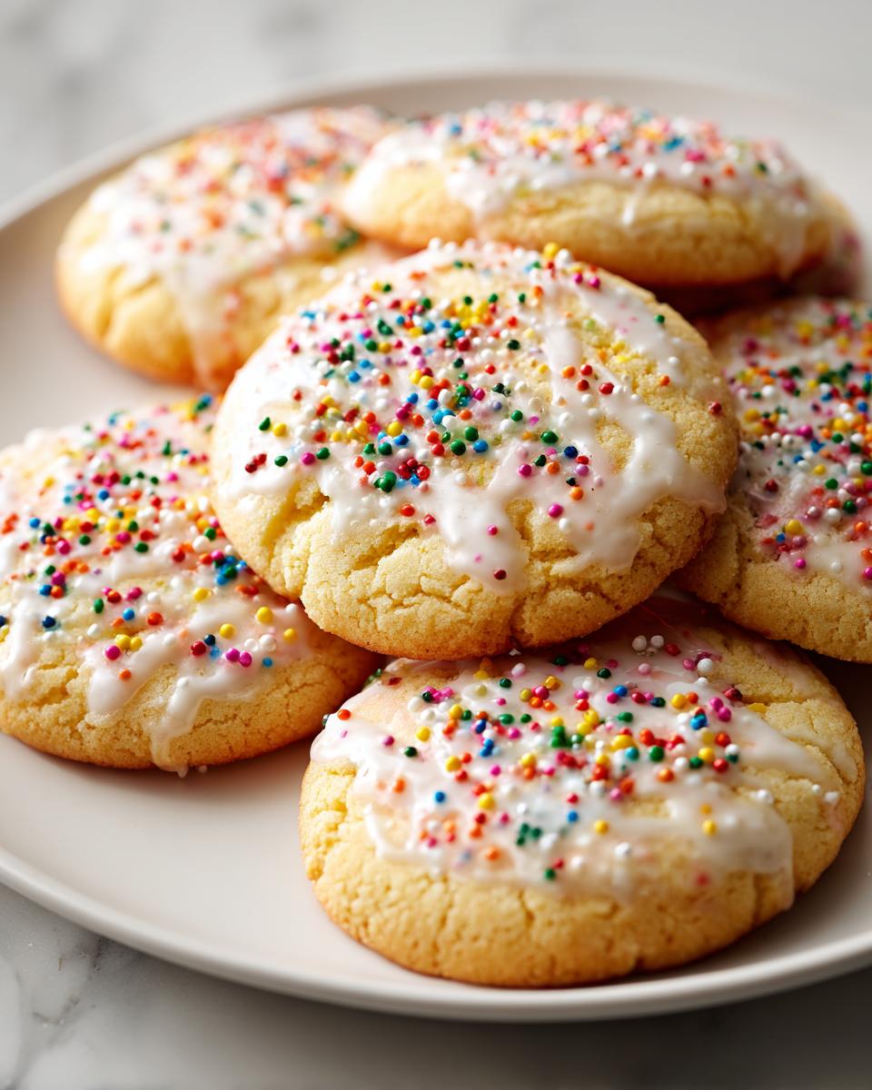 A plate of freshly baked new years cookies topped with white icing and colorful sprinkles.