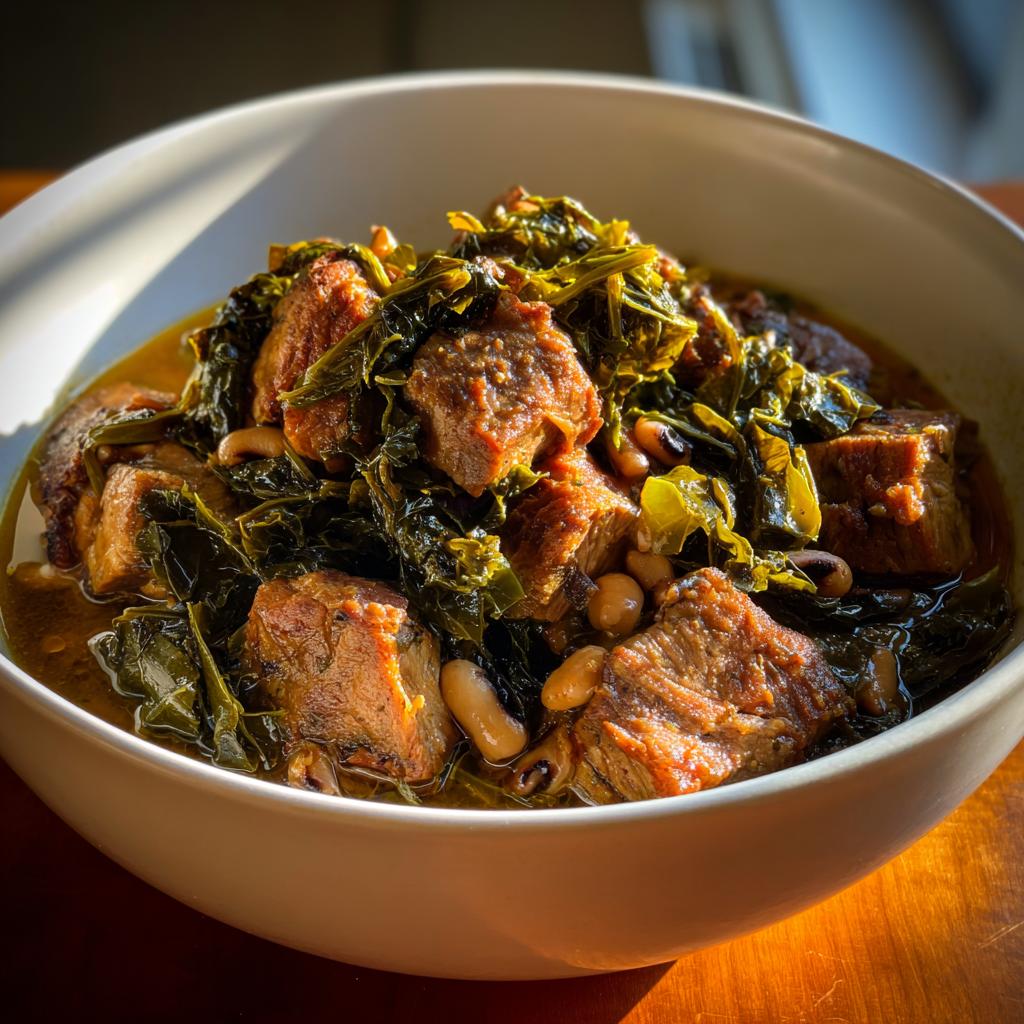 A bowl of hearty New Years Day dinner featuring tender pork, black-eyed peas, and collard greens.
