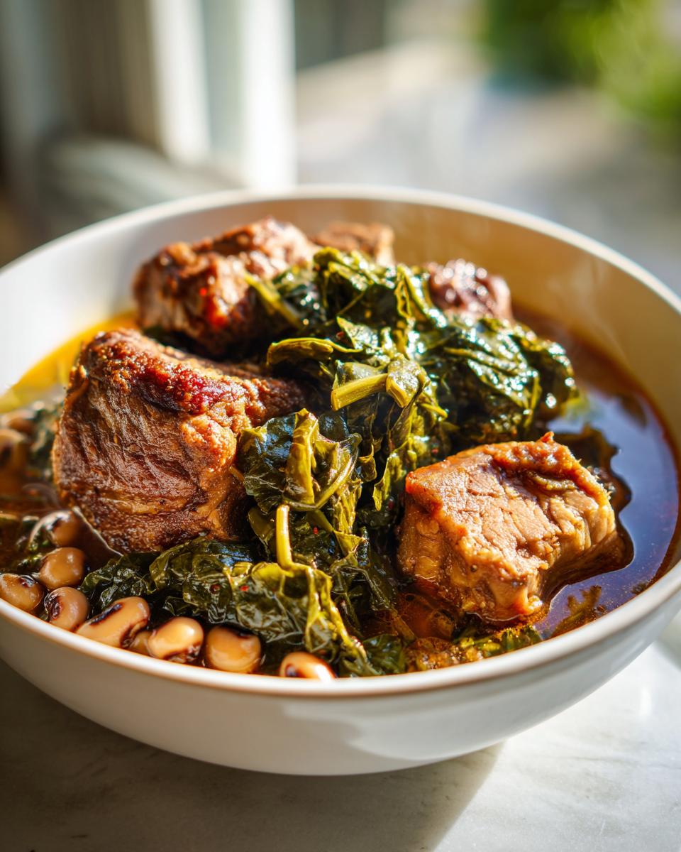 A close-up of a bowl filled with tender pork, black-eyed peas, and cooked greens, perfect for a New Years Day dinner.