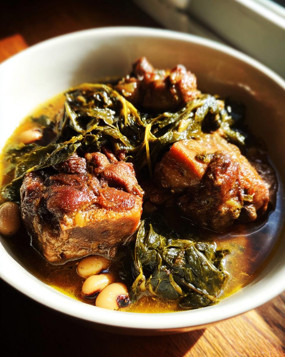 Close-up of a bowl of tender pork pieces and greens with black-eyed peas, perfect for a New Years Day Dinner.