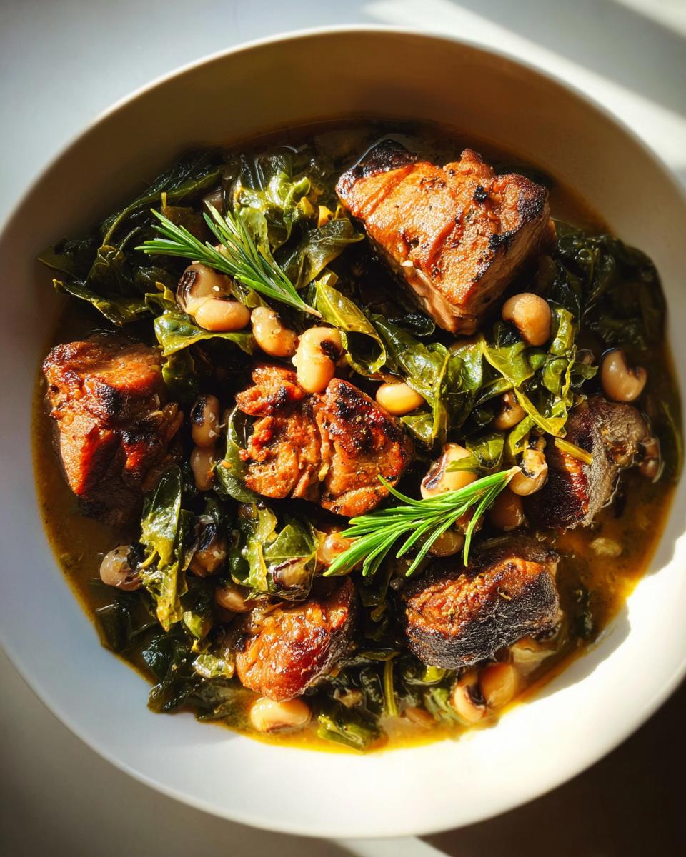 A hearty bowl of New Years Day dinner featuring tender pork, black-eyed peas, and collard greens, garnished with rosemary.