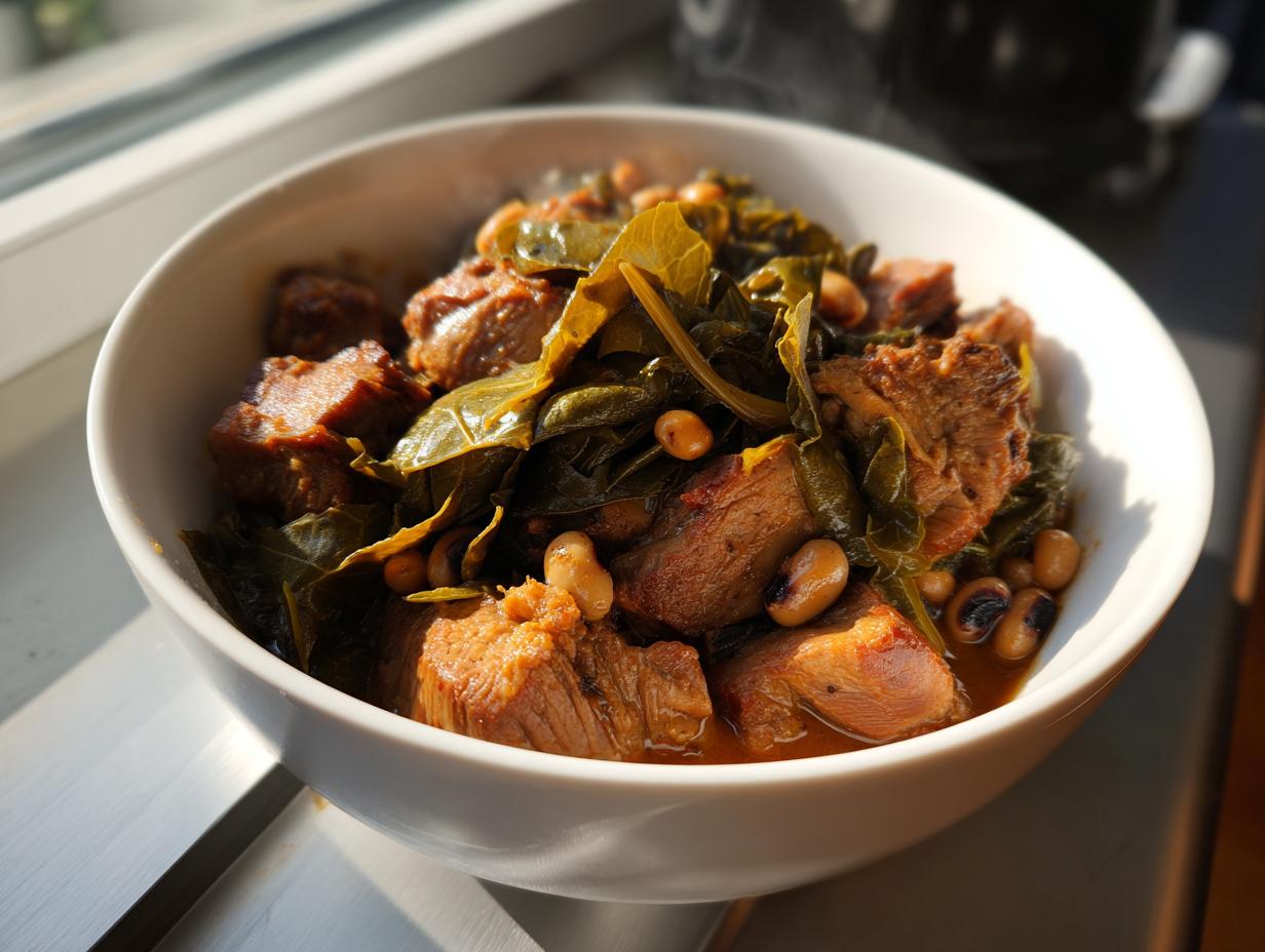A close-up of a white bowl filled with tender pork, black-eyed peas, and collard greens, perfect for a New Years Day dinner.