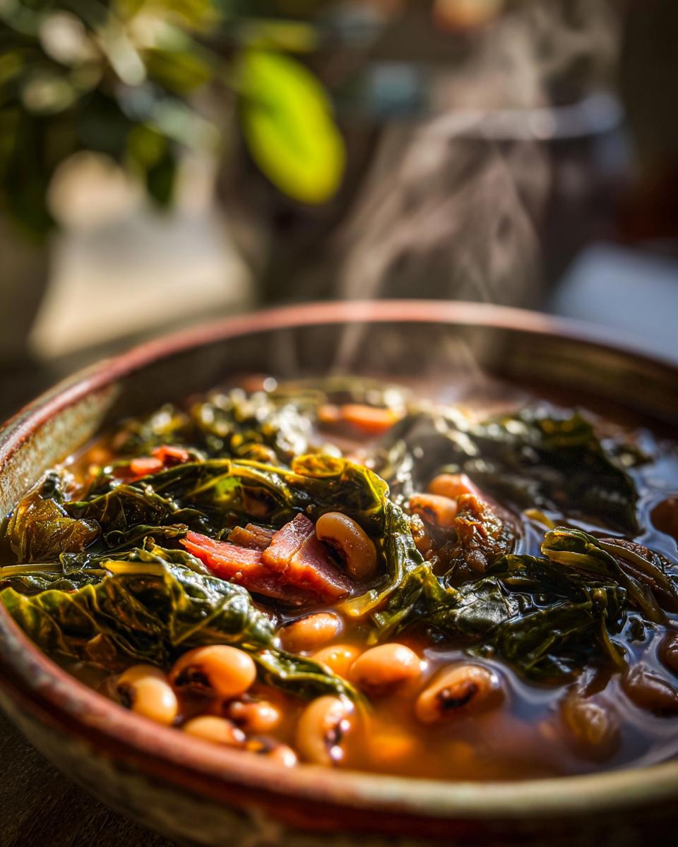 Close-up of a steaming bowl of black-eyed peas with collard greens and ham, a traditional new years day food.