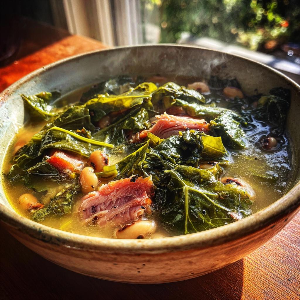 A steaming bowl of traditional New Years Day food featuring black-eyed peas, collard greens, and ham.