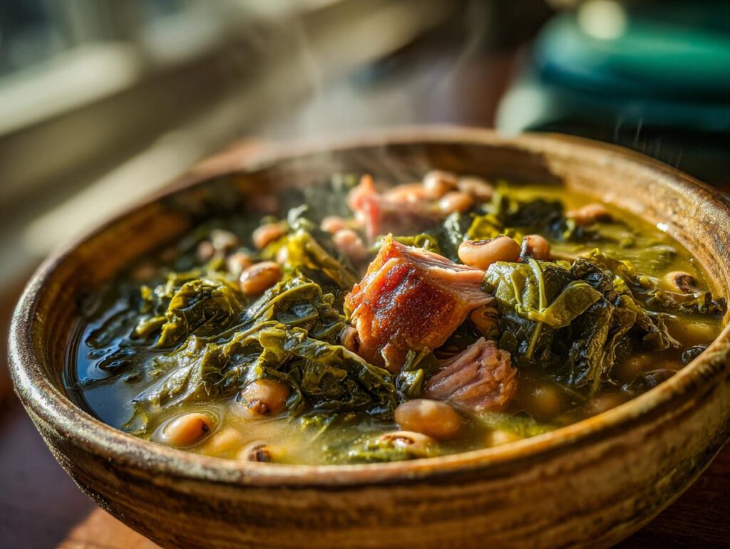 A steaming bowl of traditional New Years Day food featuring black-eyed peas, collard greens, and ham hocks.